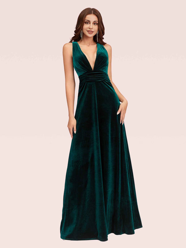 Sexy Deep Velvet V-Neck Criss Cross Long Bridesmaid Dresses Online