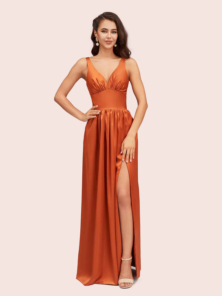 Sexy V Neck Long Soft Satin Side Slit Graduation Prom Dresses Online Sexy V Neck Long Soft Satin Side Slit Graduation Prom Dresses Online