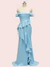 Sexy Off Shoulder Ruffles Long Soft Satin Party Prom Dresses With Slit