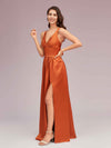 Sexy V Neck Long Soft Satin Side Slit Bridesmaid Dresses Online