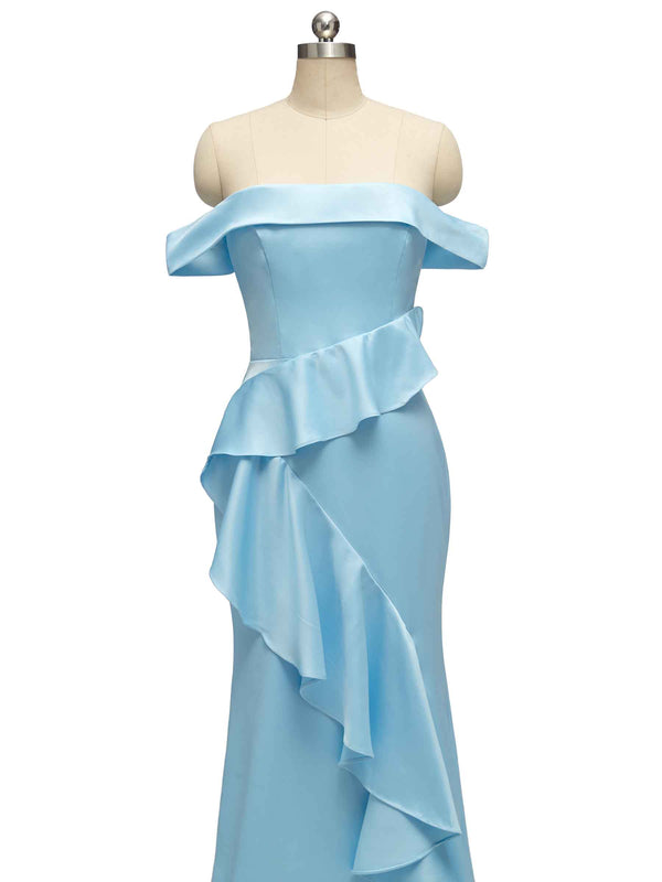 Sexy Off Shoulder Side Slit Long Soft Satin Bridesmaid Dresses With Ruffle
