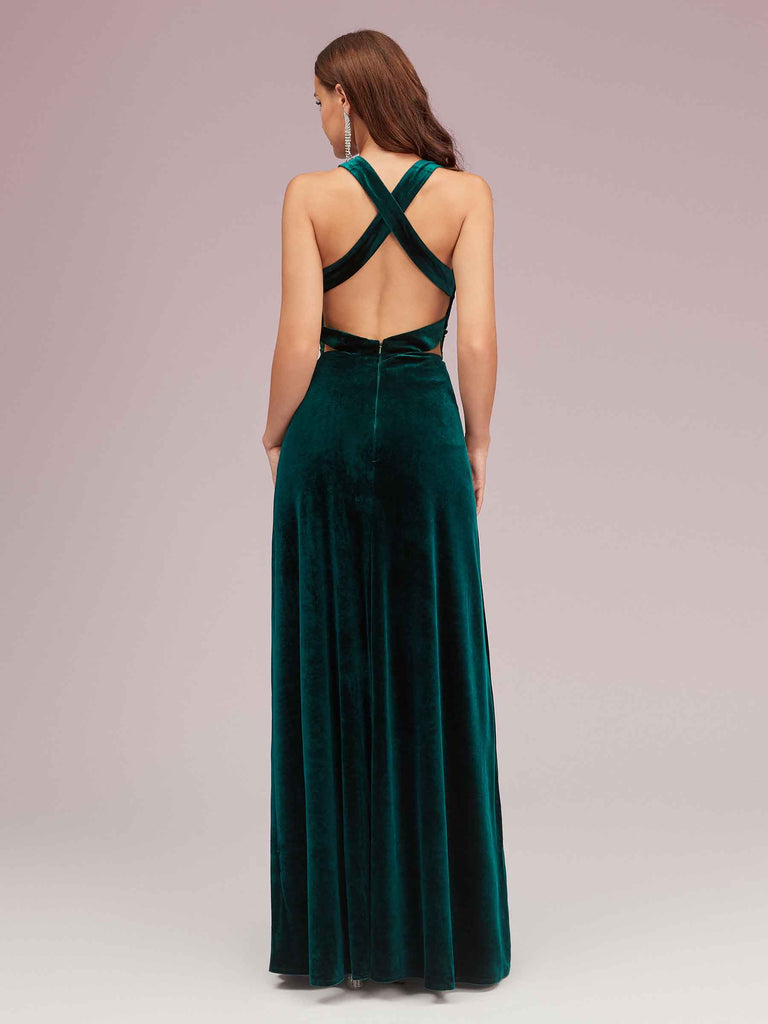 Sexy Deep V Neck Velvet V-Neck Criss Cross Long Bridesmaid Dresses Online