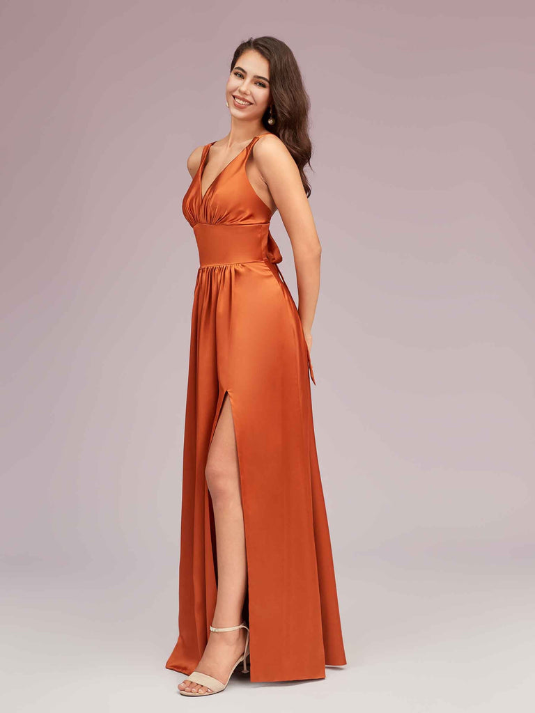 Sexy V Neck Long Soft Satin Side Slit Graduation Prom Dresses Online Sexy V Neck Long Soft Satin Side Slit Graduation Prom Dresses Online