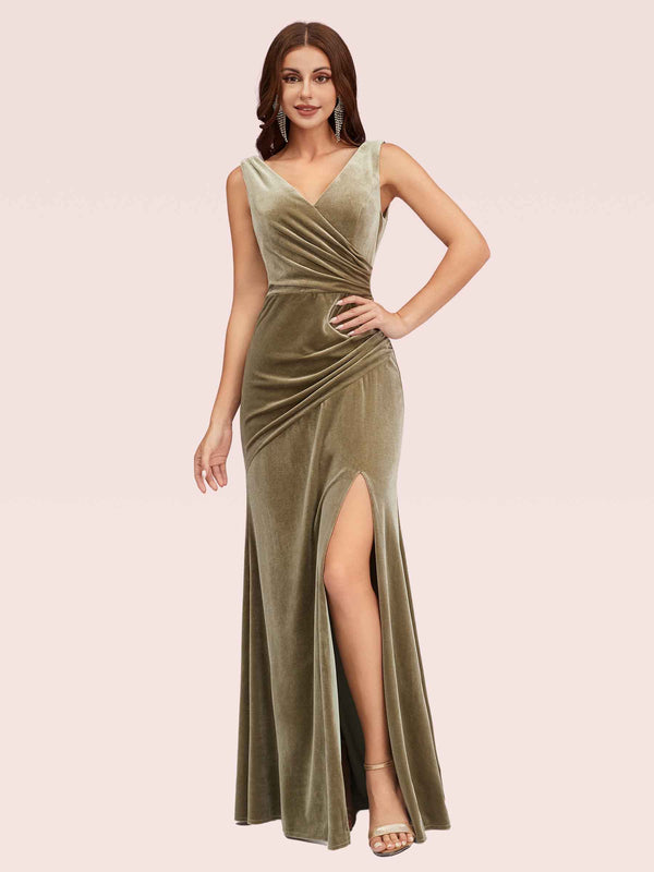 Elegant V-Neck Side Slit Long Velvet Bridesmaid Dress Online