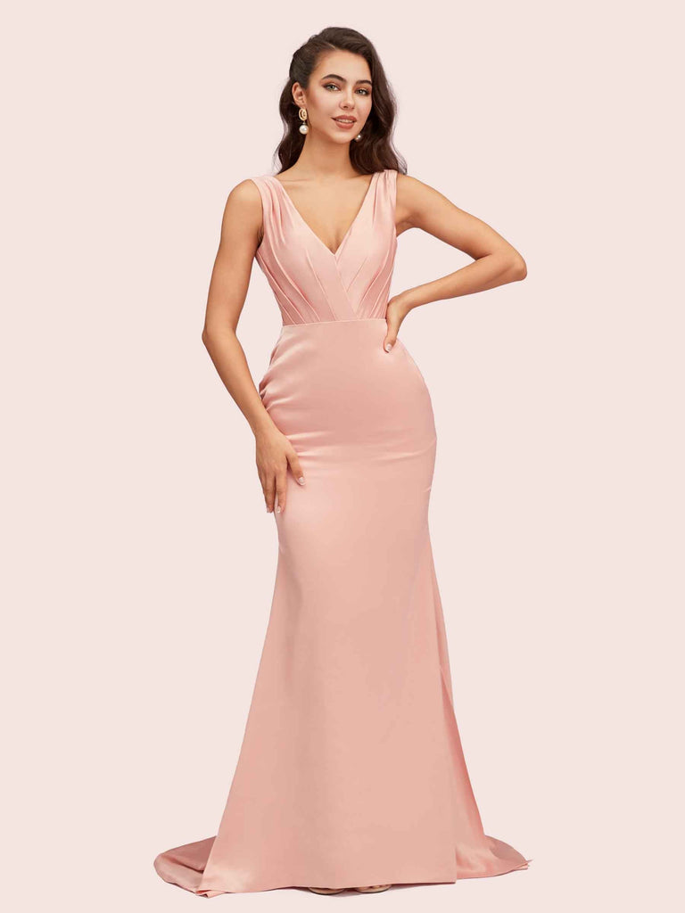 Sexy V-Neck Mermaid Long Silky Satin Formal Prom Dresses For Women Sexy V-Neck Mermaid Long Silky Satin Formal Prom Dresses For Women
