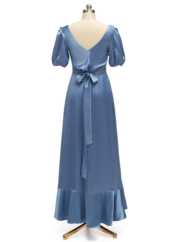Beautiful Short Sleeves V-Neck Soft Satin Cheap Short Bridesmaid Dresses