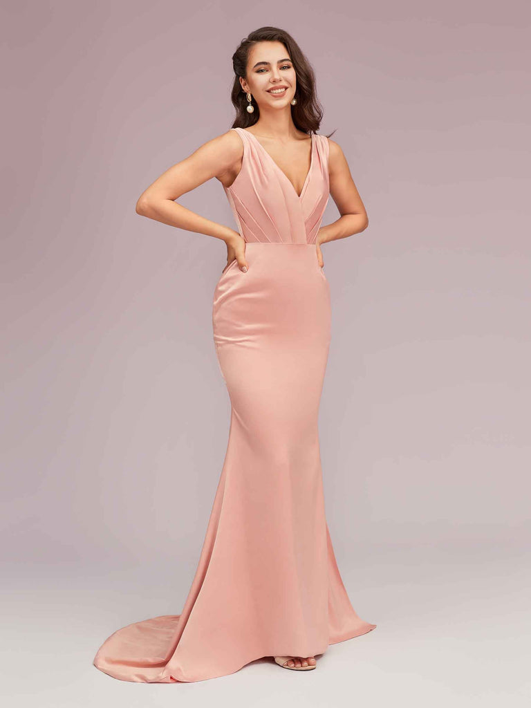 silky dresses for women Cetims Sexy V Neck Mermaid Long Silky Satin Formal Prom Dresses For Women Formal evening gowns junior Prom Dresses Flamingo