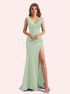 Elegent V-neck Mermaid Pleats Side Slit Soft Satin Long Matron of Honor Dress For Wedding
