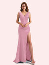 Elegent V-neck Mermaid Pleats Side Slit Soft Satin Long Matron of Honor Dress For Wedding