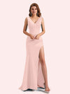 Elegent V-neck Mermaid Pleats Side Slit Soft Satin Long Matron of Honor Dress For Wedding
