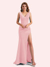 Elegent V-neck Mermaid Pleats Side Slit Soft Satin Long Matron of Honor Dress For Wedding