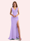Elegent V-neck Mermaid Pleats Side Slit Soft Satin Long Matron of Honor Dress For Wedding
