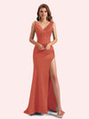 Elegent V-neck Mermaid Pleats Side Slit Soft Satin Long Matron of Honor Dress For Wedding