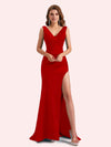 Elegent V-neck Mermaid Pleats Side Slit Soft Satin Long Matron of Honor Dress For Wedding