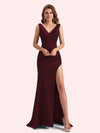 Elegent V-neck Mermaid Pleats Side Slit Soft Satin Long Matron of Honor Dress For Wedding