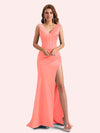 Elegent V-neck Mermaid Pleats Side Slit Soft Satin Long Matron of Honor Dress For Wedding