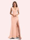 Elegent V-neck Mermaid Pleats Side Slit Soft Satin Long Matron of Honor Dress For Wedding