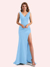 Elegent V-neck Mermaid Pleats Side Slit Soft Satin Long Matron of Honor Dress For Wedding