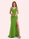 Elegent V-neck Mermaid Pleats Side Slit Soft Satin Long Matron of Honor Dress For Wedding