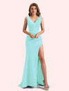 Elegent V-neck Mermaid Pleats Side Slit Soft Satin Long Matron of Honor Dress For Wedding