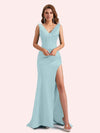 Elegent V-neck Mermaid Pleats Side Slit Soft Satin Long Matron of Honor Dress For Wedding