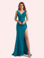 Elegent V-neck Mermaid Pleats Side Slit Soft Satin Long Matron of Honor Dress For Wedding