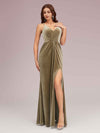 Sexy Spaghetti Strap V-Neck Long Velvet Bridesmaid Dress With Slit