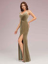 Sexy Spaghetti Strap V-Neck Long Velvet Bridesmaid Dress With Slit