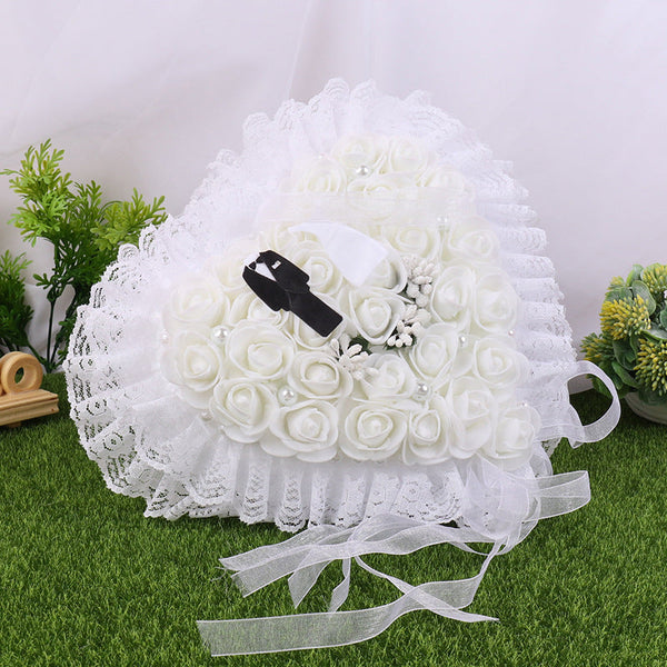 White Wedding Ring Pillow Ring Pillow Holder Lace Ring Box For Brides And Groom, JZH-5883