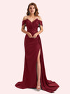 Elegent V-neck Mermaid Off-Shoulder Side Slit Soft Satin Long Matron of Honor Dress For Wedding