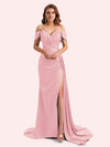 Elegent V-neck Mermaid Off-Shoulder Side Slit Soft Satin Long Matron of Honor Dress For Wedding