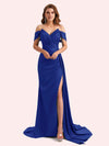 Elegent V-neck Mermaid Off-Shoulder Side Slit Soft Satin Long Matron of Honor Dress For Wedding