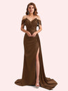 Elegent V-neck Mermaid Off-Shoulder Side Slit Soft Satin Long Matron of Honor Dress For Wedding