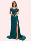 Elegent V-neck Mermaid Off-Shoulder Side Slit Soft Satin Long Matron of Honor Dress For Wedding
