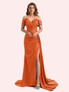 Elegent V-neck Mermaid Off-Shoulder Side Slit Soft Satin Long Matron of Honor Dress For Wedding