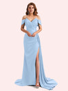 Elegent V-neck Mermaid Off-Shoulder Side Slit Soft Satin Long Matron of Honor Dress For Wedding