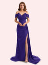 Elegent V-neck Mermaid Off-Shoulder Side Slit Soft Satin Long Matron of Honor Dress For Wedding