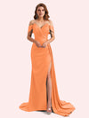 Elegent V-neck Mermaid Off-Shoulder Side Slit Soft Satin Long Matron of Honor Dress For Wedding