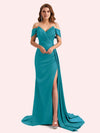 Elegent V-neck Mermaid Off-Shoulder Side Slit Soft Satin Long Matron of Honor Dress For Wedding