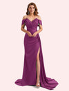 Elegent V-neck Mermaid Off-Shoulder Side Slit Soft Satin Long Matron of Honor Dress For Wedding