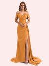 Elegent V-neck Mermaid Off-Shoulder Side Slit Soft Satin Long Matron of Honor Dress For Wedding
