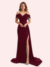 Elegent V-neck Mermaid Off-Shoulder Side Slit Soft Satin Long Matron of Honor Dress For Wedding