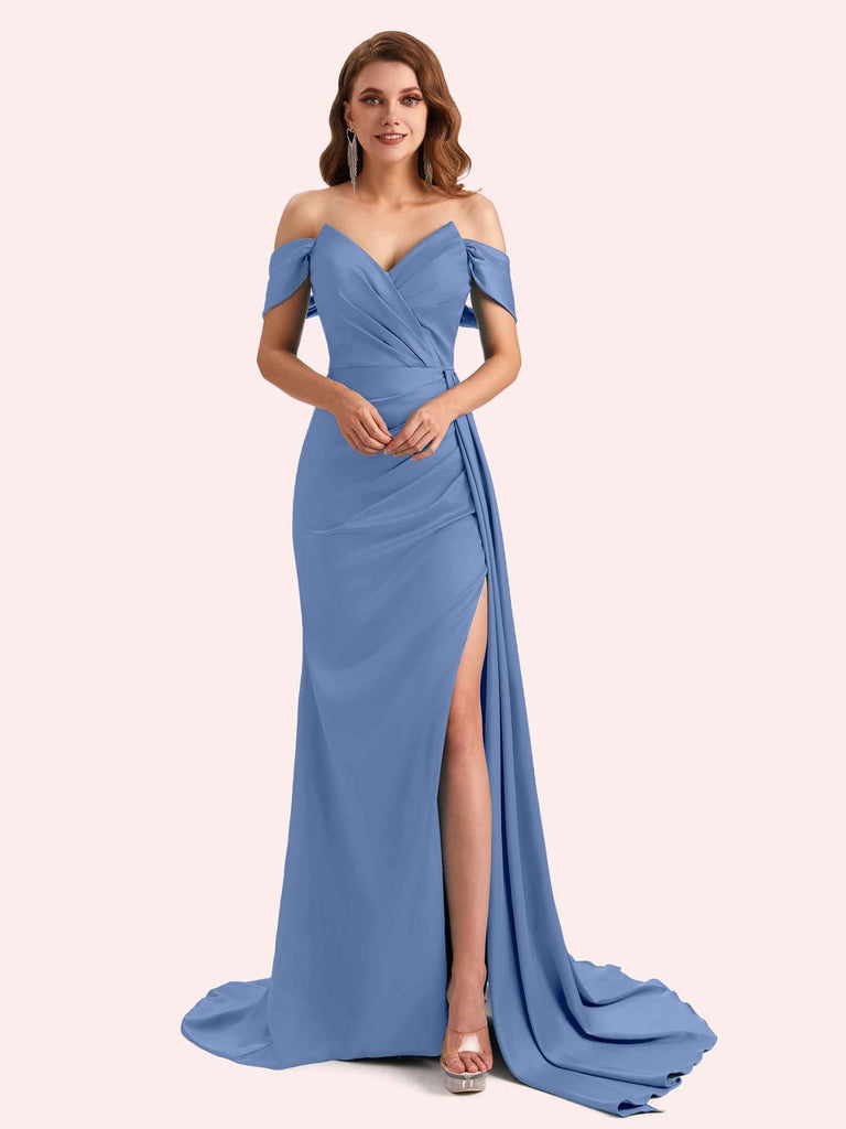 Elegent V-neck Mermaid Off-Shoulder Side Slit Soft Satin Long Matron of Honor Dress For Wedding