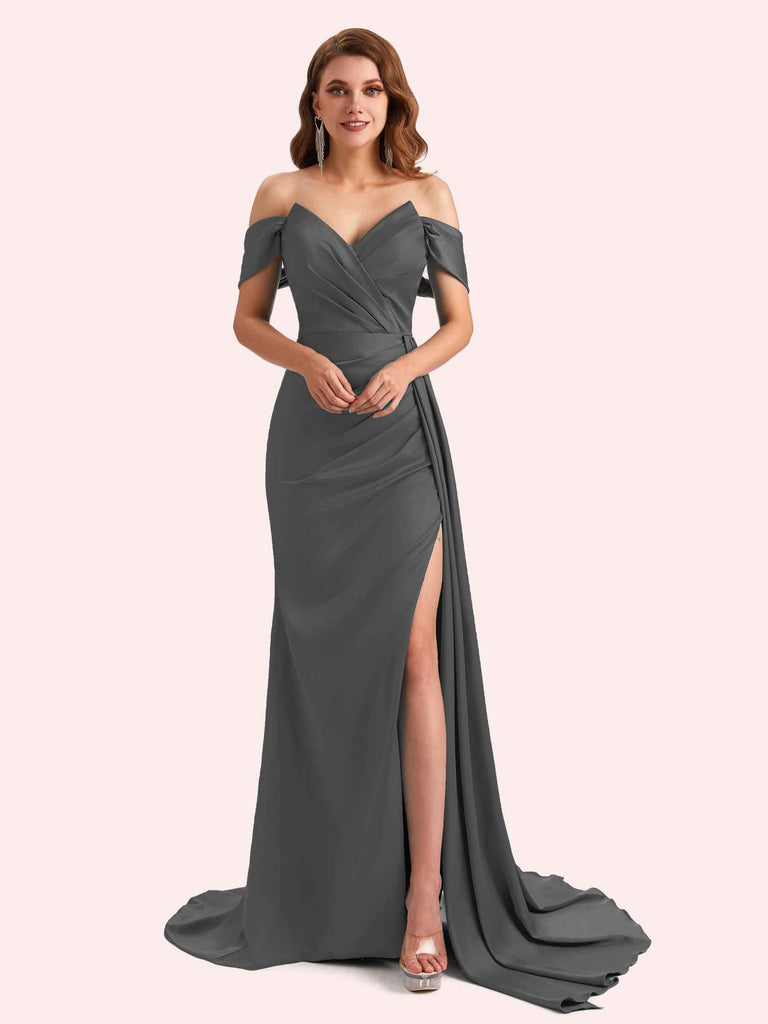 Elegent V-neck Mermaid Off-Shoulder Side Slit Soft Satin Long Matron of Honor Dress For Wedding Elegent V-neck Mermaid Off-Shoulder Side Slit Soft Satin Long Matron of Honor Dress For Wedding