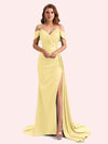 Elegent V-neck Mermaid Off-Shoulder Side Slit Soft Satin Long Matron of Honor Dress For Wedding