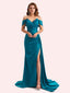 Elegent V-neck Mermaid Off-Shoulder Side Slit Soft Satin Long Matron of Honor Dress For Wedding