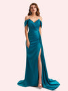 Elegent V-neck Mermaid Off-Shoulder Side Slit Soft Satin Long Matron of Honor Dress For Wedding