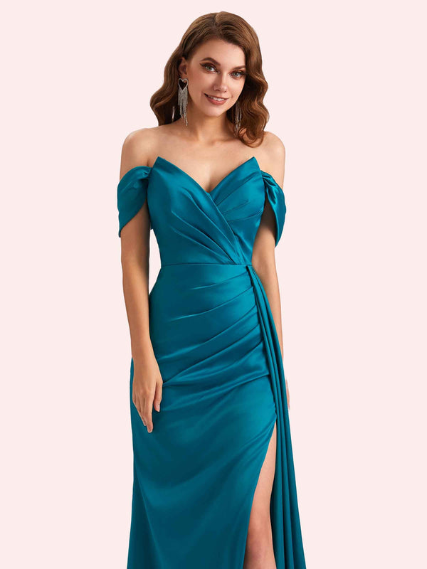 Elegent V-neck Mermaid Off-Shoulder Side Slit Soft Satin Long Matron of Honor Dress For Wedding