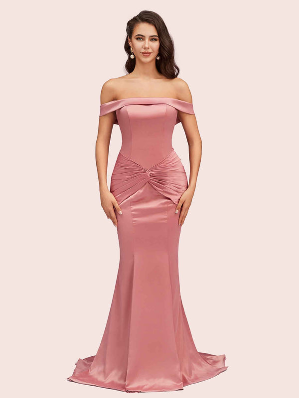 Sexy Off Shoulder Mermaid Long Silky Satin Formal Prom Dresses 2023