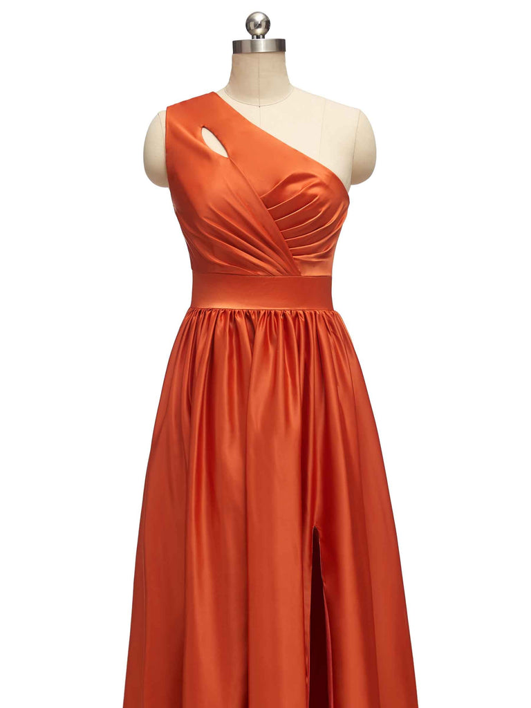 Elegant One Shoulder A-Line Long Soft Satin Formal Prom Dresses Online